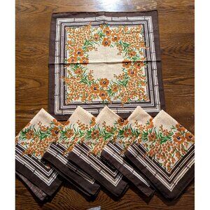 Vintage Floral Cotton Dinner Napkins Set Of 6 - Brown Orange & Cream Retro Table